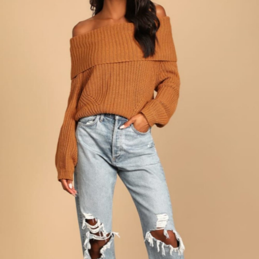 Carmichael Light Brown Off-the-Shoulder Knit Sweater